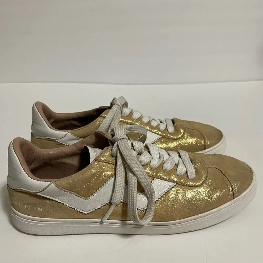 Stuart Weitzman Daryl Metallic Leather Sneakers Gold And White Size 7